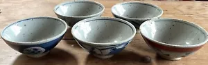 More details for vintage signed japanese arita ware floral blue orange rice bowls dishes x5 boxed