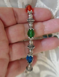 Sterling Silver 7.5" Bracelet Multi Color Czech Glass & Bali Beads Toggle Clasp - Picture 1 of 12