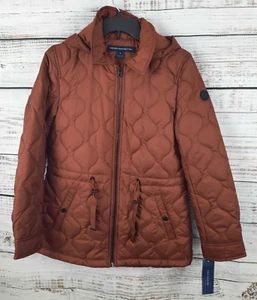 French Connection Jacke Zwiebel Stepp Anorak rot kleine Kapuze Kordelzug Taille - Bild 1 von 9