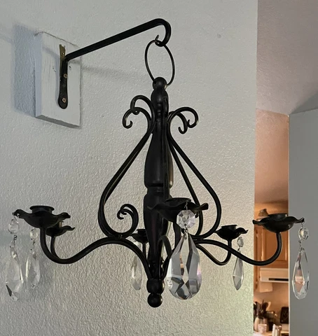 Vintage Gothic Black Metal Wood Candelabra Hanging Chandelier 6 Faceted Crystals Cover