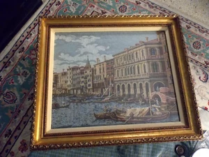 Vintage VENEDIG GONDELN Kreuzstich Nadelspitze gerahmt & Glas 17"" x 20"" Sehr guter Zustand! - Bild 1 von 5