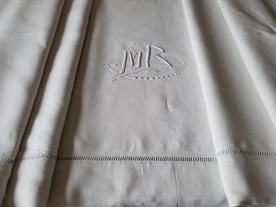 N03 Ancien drap en lin brodé monogramme MB jour de Venise 228x320cm Années 50 60 - Photo 1/4