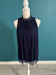 Fortune & Ivy dunkelblau Spitze Top Bluse Größe Large Stehkragen - Bild 1 von 4