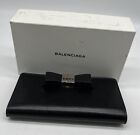Balenciaga Black Leather Bow Accent Silver Tone Flap Rectangle Wallet 
