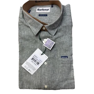 Barbour Men's Nelson Short Sleeve Summer Shirt Cotton Linen Bleached Olive SMALL - Picture 1 of 5