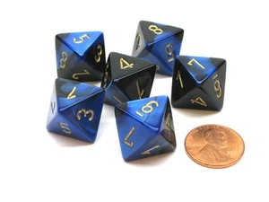 Gemini 15mm 8 Sided D8 Chessex Dice, 6 Pieces - Black-Blue with Gold - Picture 1 of 1