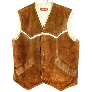 Chaleco De Colección Levi's Gamuza Cuero Hombres Grande Marrón Piel de Oveja Forrado A Presión Naranja Pestaña - Imagen 1 de 9