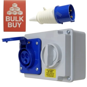 16 Amp 3 Pin 240V Blue Interlocked Socket and Plug IP44 16A - Bulk Buy Upto 20 - Picture 1 of 5