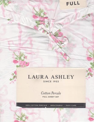 Laura Ashley Full Sheet Set Floral Ribbon Stripe Pink 4pc Farmhouse Chic Cottage - Image 1 of 4