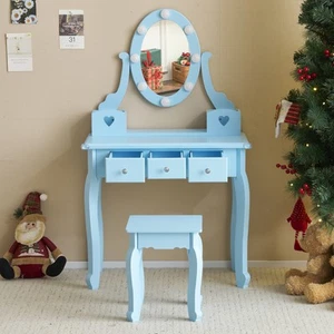 Kids Vanity Set with Mirror Lights Stool Storage Drawers Makeup Table for Girls - Picture 1 of 12