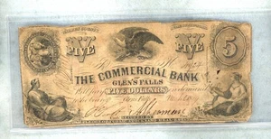 1861 ~ $5 BANCO COMERCIAL ~ BILLETE OBSOLETO GLEN'S FALLS NUEVA YORK ~ F - Imagen 1 de 2