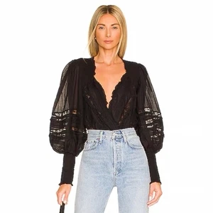 Intimately Free People Black Eloise Long Sleeve Gothic Edwardian Bodysuit Sz M - Picture 1 of 12