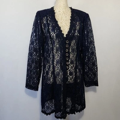 Beautiful U Women's Size Large Blue Lace Button Front Sheer Cardigan Jacket - Image 1 of 4