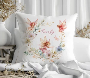 Personalised Kids Pink Fairy wreath cushion, nursery bedroom idea, pillow cover - Picture 1 of 2