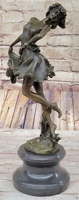 Joven Bailarina Niña Flores en Pelo Bronce Estatua Escultura Figura Sobre Base de Mármol Foto 1 de 4
