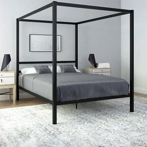 Queen Size Black Metal Canopy Bed Frame Headboard Slats Modern Bedroom Furniture - Picture 1 of 9