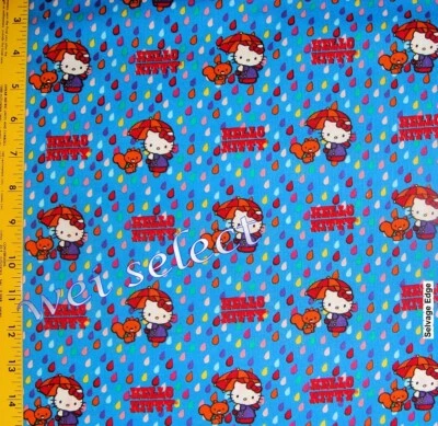 BTY Hello Kitty Rain Or Shine Rain Drop on Blue Cotton Fabric By The Yard - Image 1 of 2