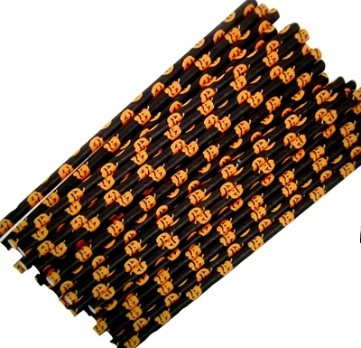 HALLOWEEN DISPOSABLE PAPER STRAWS ~25 Ct. PUMPKINS ~Black & Orange ~ 7.75" L - Image 1 of 2