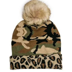Green Camo Leopard Pom Pom Knit Beanie Hat - Picture 1 of 3