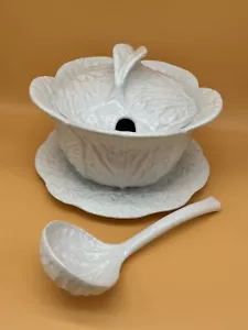 White Cabbage SOUP TUREEN Ladle Underplate Majolica PORTUGAL Bordallo Pinheiro? - Picture 1 of 23