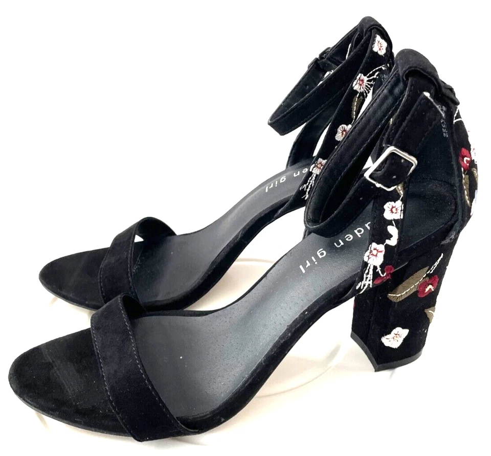 Tacones Madden Girl de terciopelo negro punta abierta hebilla bordada correa al tobillo 8,5 Foto 1 de 4