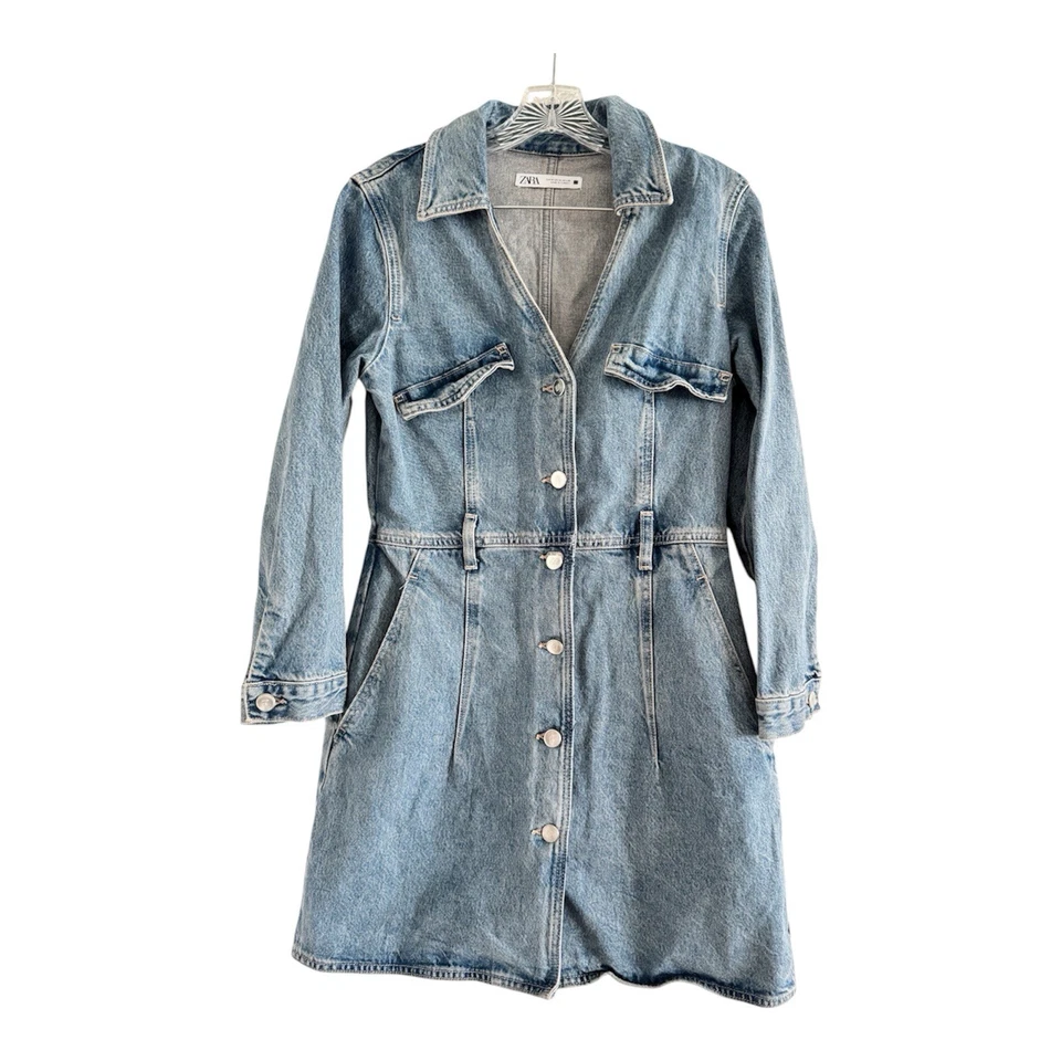 ZARA Women Blue Denim Buttons Stone Wash Pockets Long Sleeve Mini Dress (MEDIUM) - Image 1 of 4