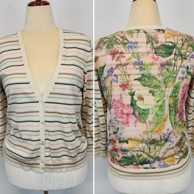 Yansi Fugel Floral Striped Cardigan Size L Multicolor Silk Blend Mix Media Luxe - Image 1 of 4