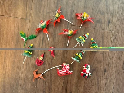 13 Vintage Christmas Cupcake Toppers Picks Red and Green - Image 1 of 4