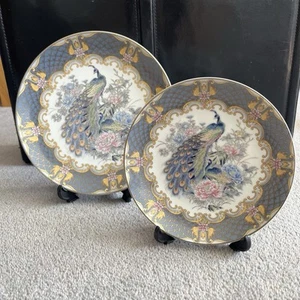 Vintage Leonardo Japanese Peacock Plates x2 21cm & 16cm Blue Gold Porcelain - Picture 1 of 3