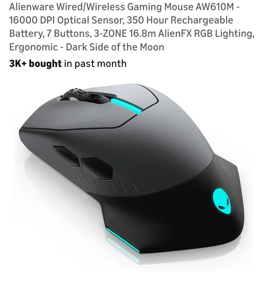 Мышь игровая Alienware 610M черная, 16000 точек на дюйм, RGB, проводная/беспроводная - Изображение 1 из 4