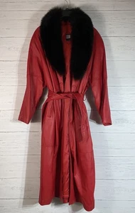 Vintage Greg Bell langer roter Ledermantel mit abnehmbarem schwarzem Fuchspelzkragen & Gürtel XL - Bild 1 von 24