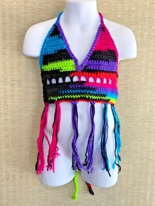 Homemade Crocheted Girl's Halter Top Black Rainbow Colors Girl's Size Large - Picture 1 of 5