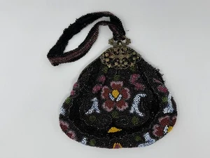 Antique Beaded Flapper Purse Evening Bag Art Deco Black Floral Filigree Clasp - Picture 1 of 16
