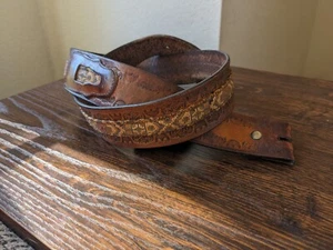 Vintage Legion Size 36 Brown Leather Embossed Tooled Fabric Inlay Belt Strap  - Picture 1 of 10