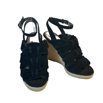 Sam Edelman Talla 5.5 Negro Gamuza Cuña Alpargata Correa Tobillo Sandalia Tacón Foto 1 de 4