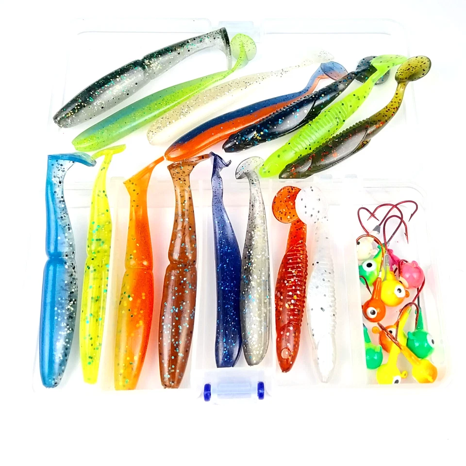 TOPSELLER! 15 SHADS / 10 JIGKÖPFE Zander Hecht Set Shad Gummifische Spin Jig Box - Bild 1 von 1
