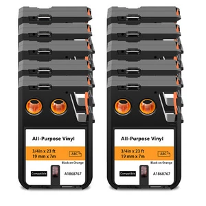10X Vinyl Label Tape for DYMO Rhino XTL-300 XTL-500 1868767 19mm Black on Orange - Picture 1 of 4