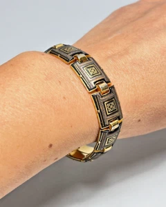 Brazalete Vintage Español Toledo Damasceno Incrustación Oro 24k Nudo Eslabón Panel - Imagen 1 de 8
