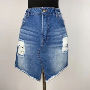 Forever 21 Damen 31 Distressed Denim Fransen ausgefranster Saum Jeansrock Boho OT - Bild 1 von 12