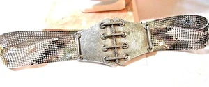 WIDE SHINY SILVER TONE MESH BELT WITH BUCKLE LACE DESIGN TEXTURED FASHION - Picture 1 of 8