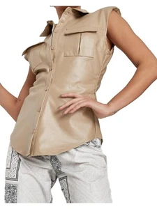 Leather Vest Jacket Waist Western Coat Long Biker Women Style Womens Beige 9 - Picture 1 of 5
