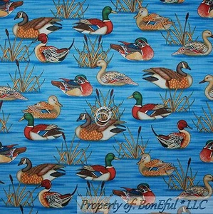 BonEful Fabric FQ Cotton Quilt Blue Brown B&W Country Cabin Wood Duck Hunt Water - Picture 1 of 6