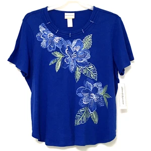 Alfred Dunner Womens 1X Blue Embroidered Floral Embellished Short Sleeve Top - Picture 1 of 8