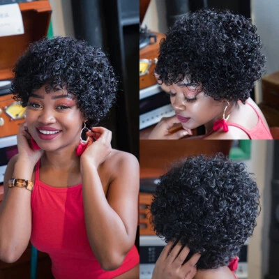Pelucas afro rizadas hechas a máquina 100% peluca cabello humano pelucas pelo corto brasileño Foto 1 de 4