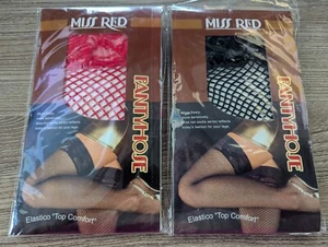 2 Pair of Miss Red Fashion Lace Topped Fishnet Thigh Highs - Red & Black - Picture 1 of 5