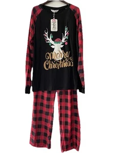 NWT!PAT PAT Women Size Large Pajama Set Red Black Plaid Merry Christmas Reindeer - Picture 1 of 9