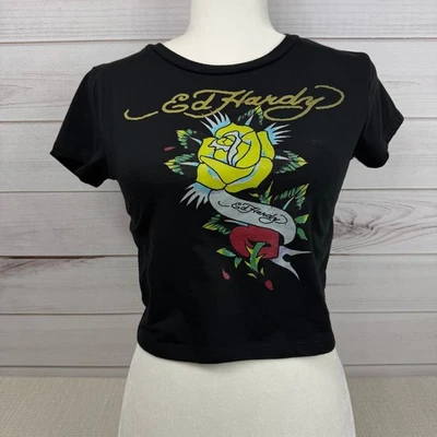Ed Hardy Black Rose Tattoo Graphic Crop Top T Shirt Women's Size Medium - Image 1 of 4