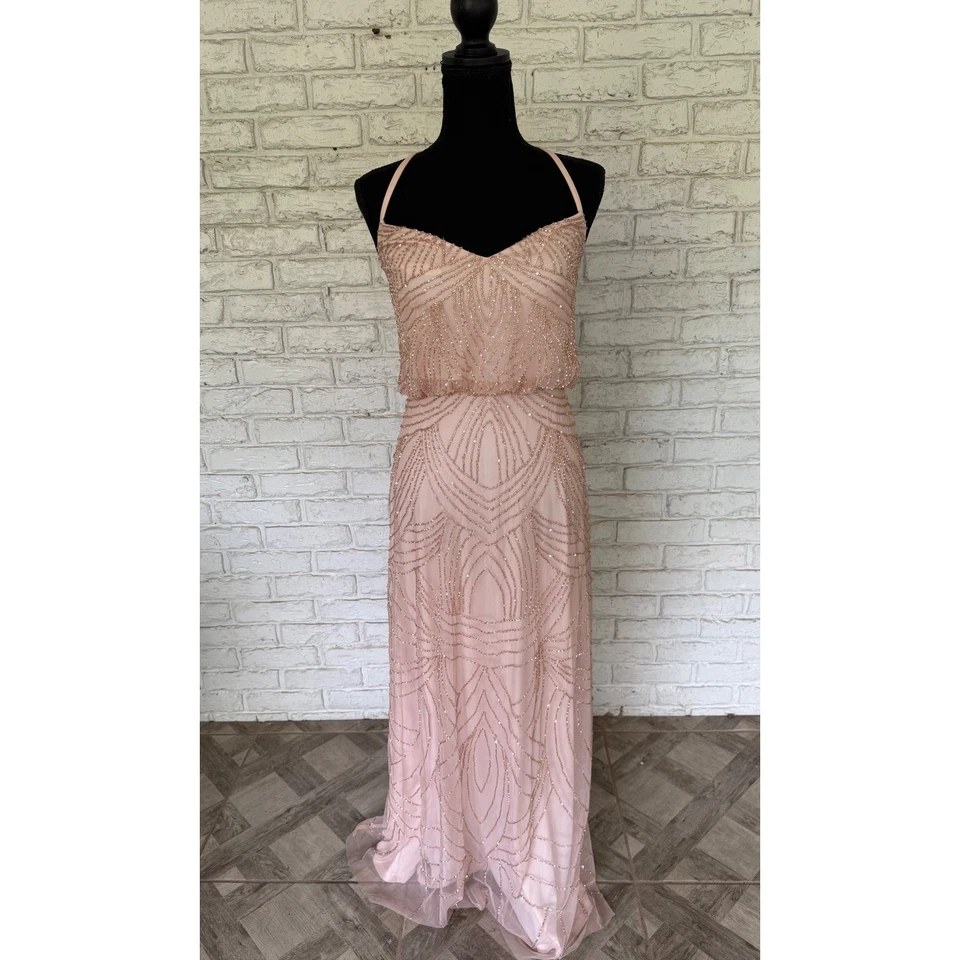 Adrianna Papell Blush Pink Beaded Halter Maxi Dress Formal Gown Size 0 - Image 1 of 4