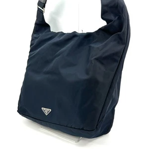 PRADA Shoulder Bag Tote Bag Nylon Navy Triangle Logo Plate Auth 127 - Picture 1 of 12