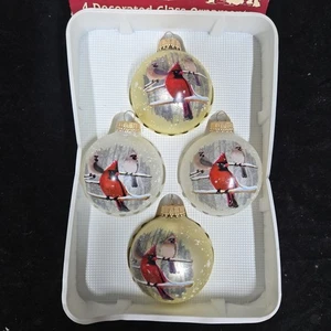 Set 4 ornamenti cardinali vintage Krebs vetro oro rosso bianco decorati a mano in scatola - Foto 1 di 10